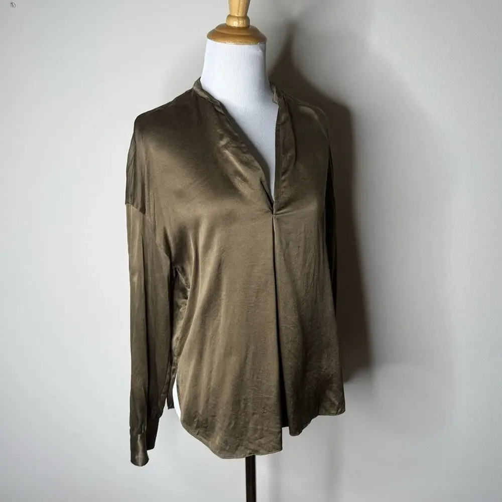 Vince Olive Green Khaki Silk Collarless Blouse - Picture 2 of 5